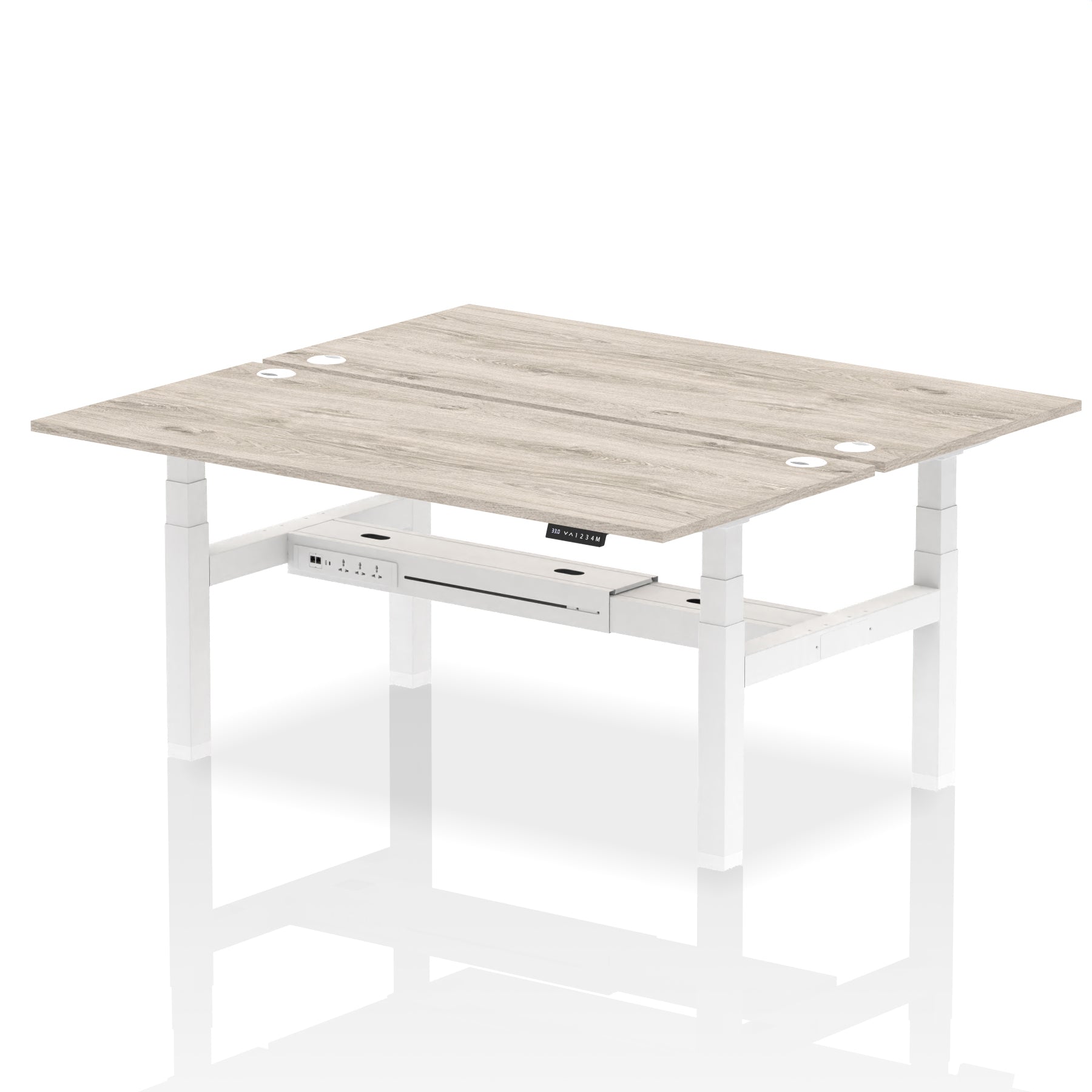Back-to-back height adjustable desk with wood-effect top and metal frame on a white background