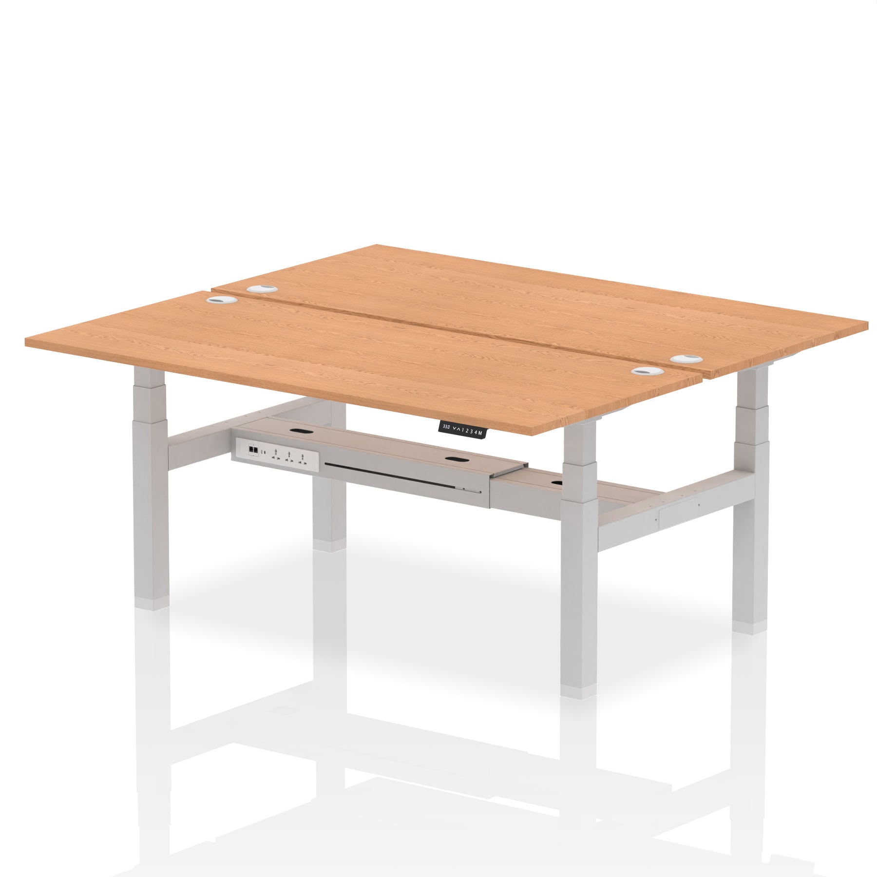 Back-to-back height adjustable desk with wood-effect top and metal frame on a white background