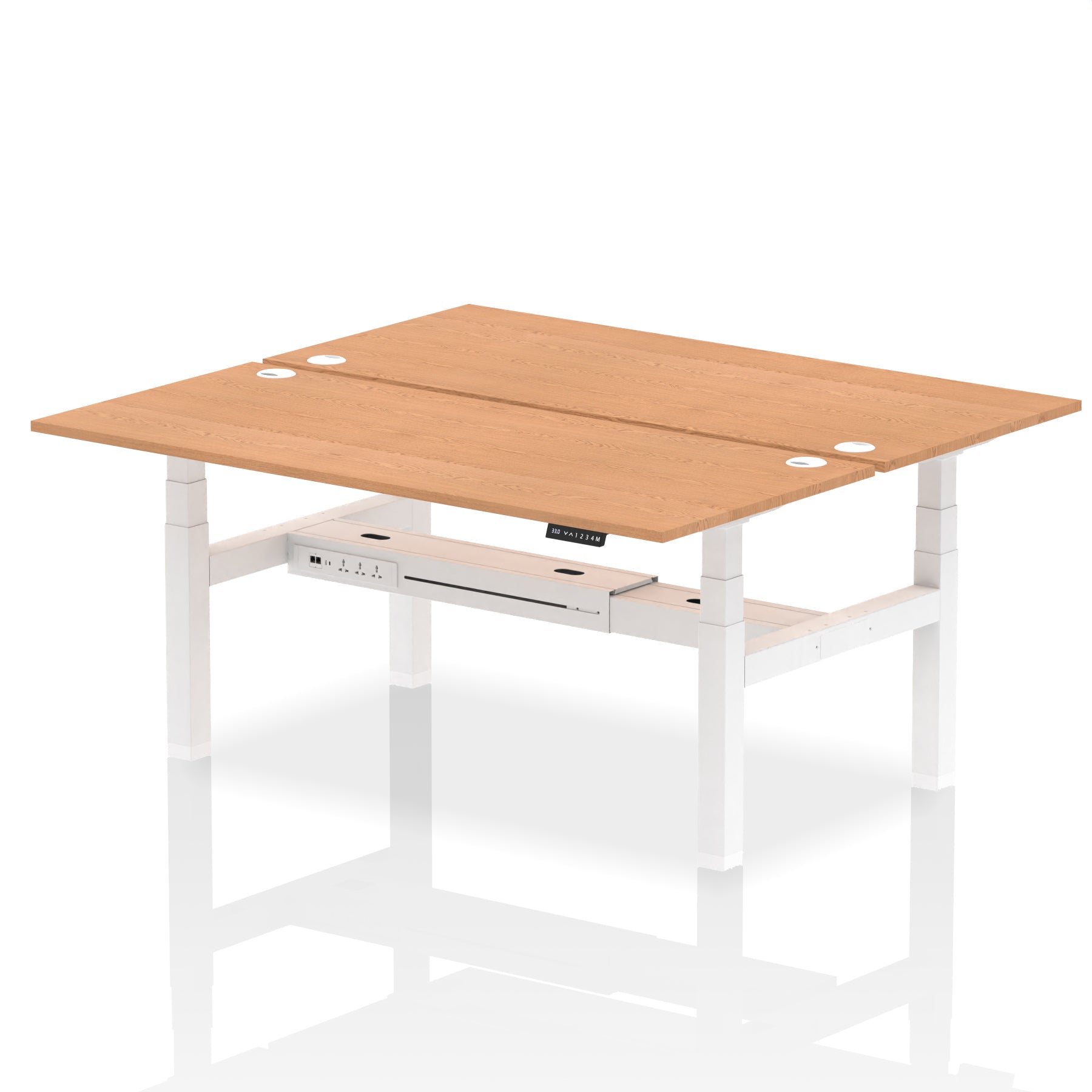 Back-to-back height adjustable desk with wood-effect top and metal frame on a white background