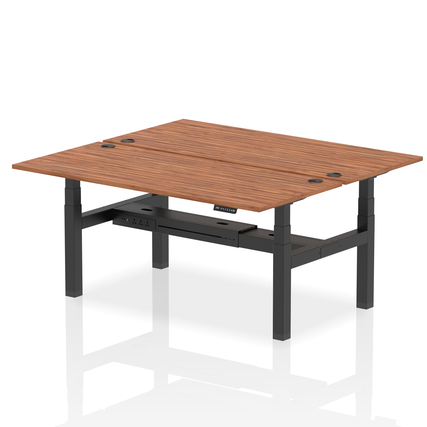 Back-to-back height adjustable desk with wood-effect top and metal frame on a white background