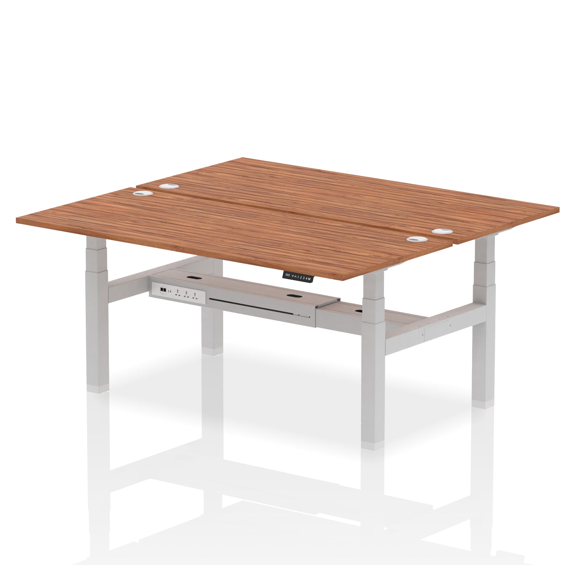 Back-to-back height adjustable desk with wood-effect top and metal frame on a white background