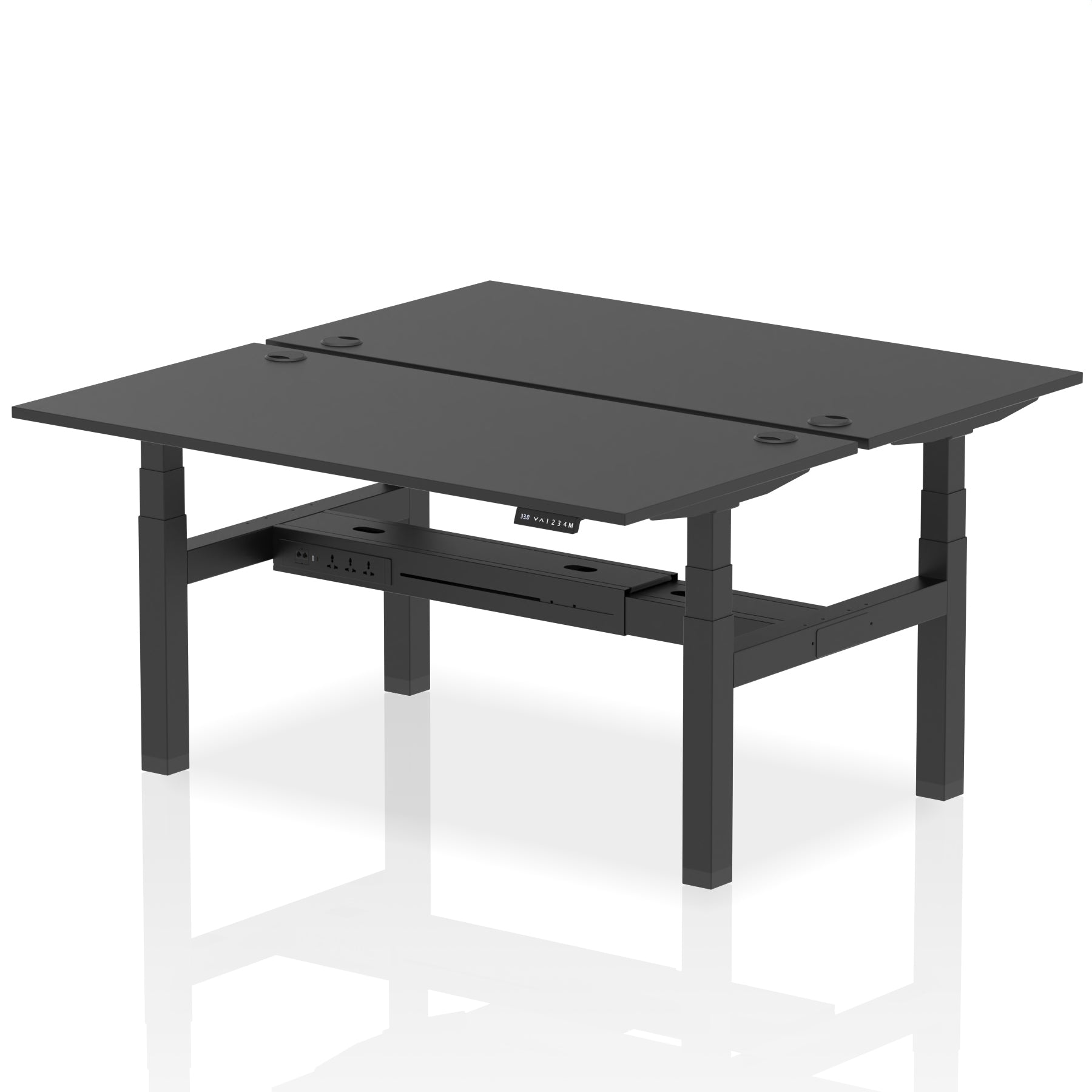 Back-to-back height adjustable desk with black top and metal frame on a white background