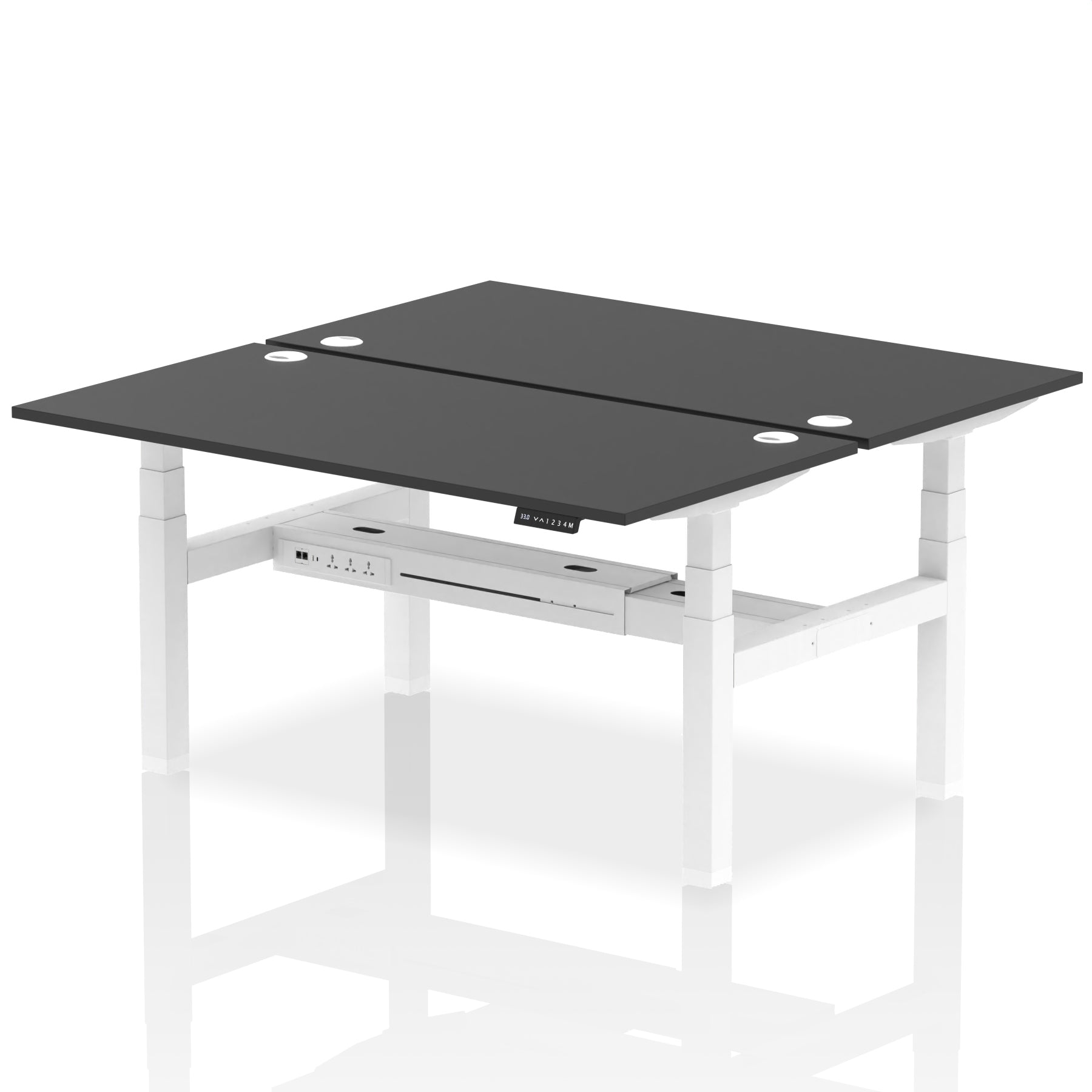Back-to-back height adjustable desk with black top and metal frame on a white background
