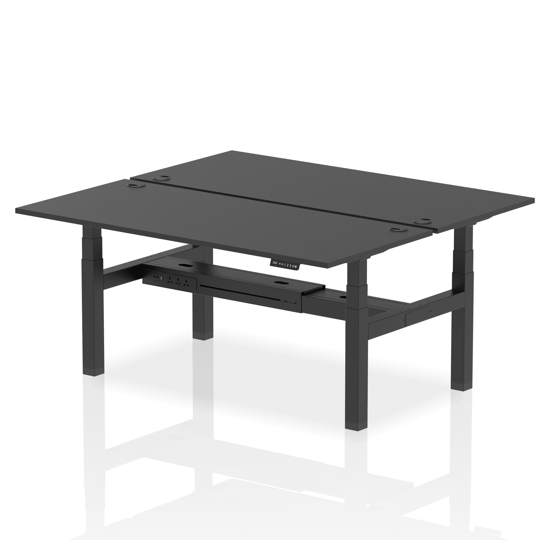 Back-to-back height adjustable desk with black top and metal frame on a white background