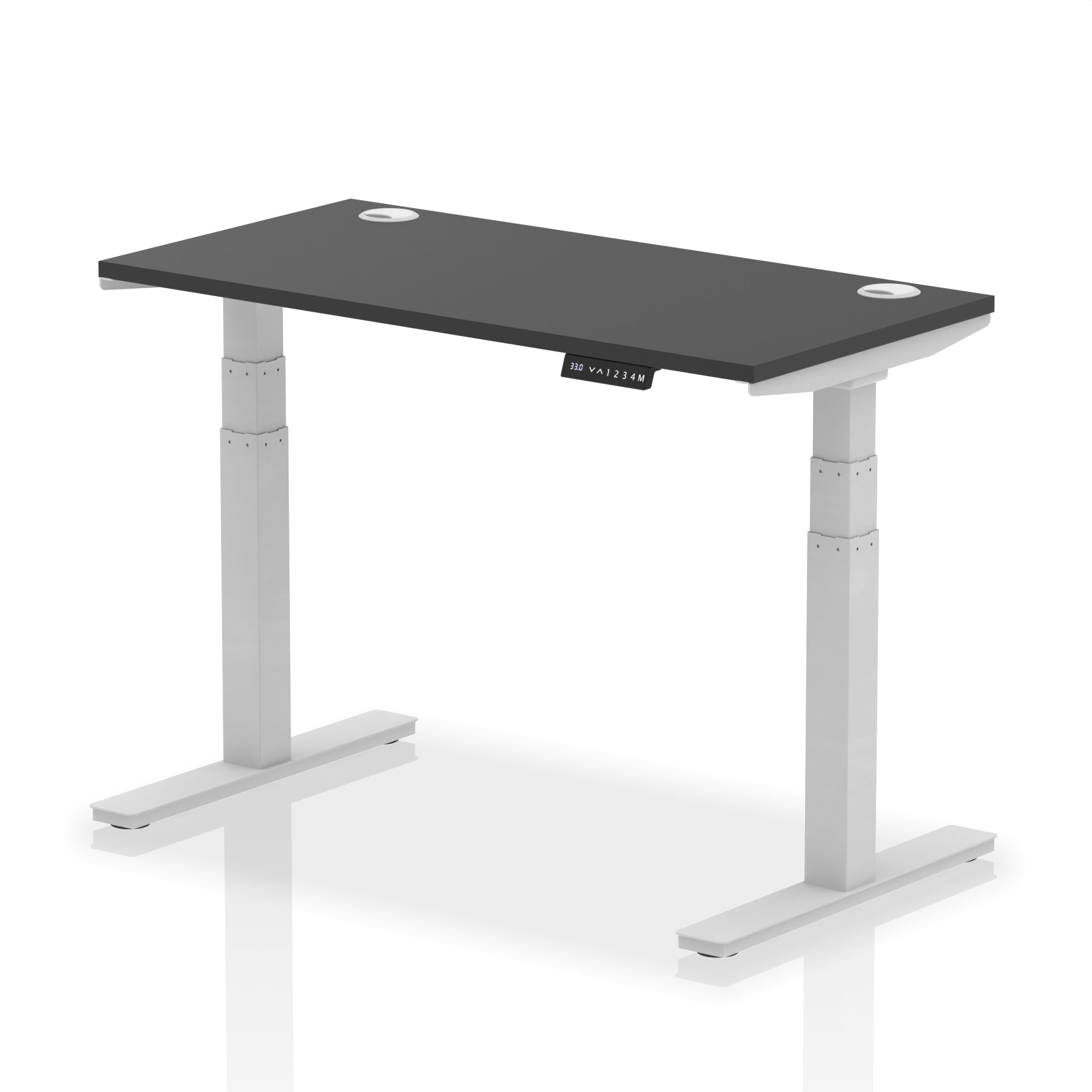 Adjustable height desk with black top and metal legs on a white background
