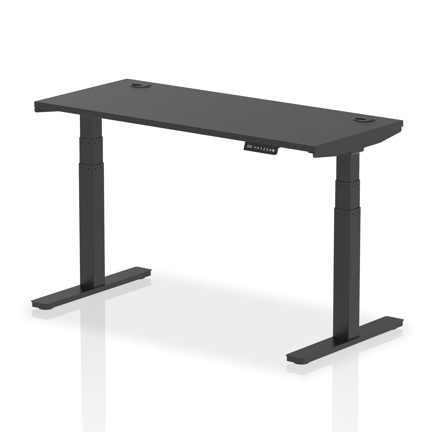 Adjustable height desk with black top and metal legs on a white background
