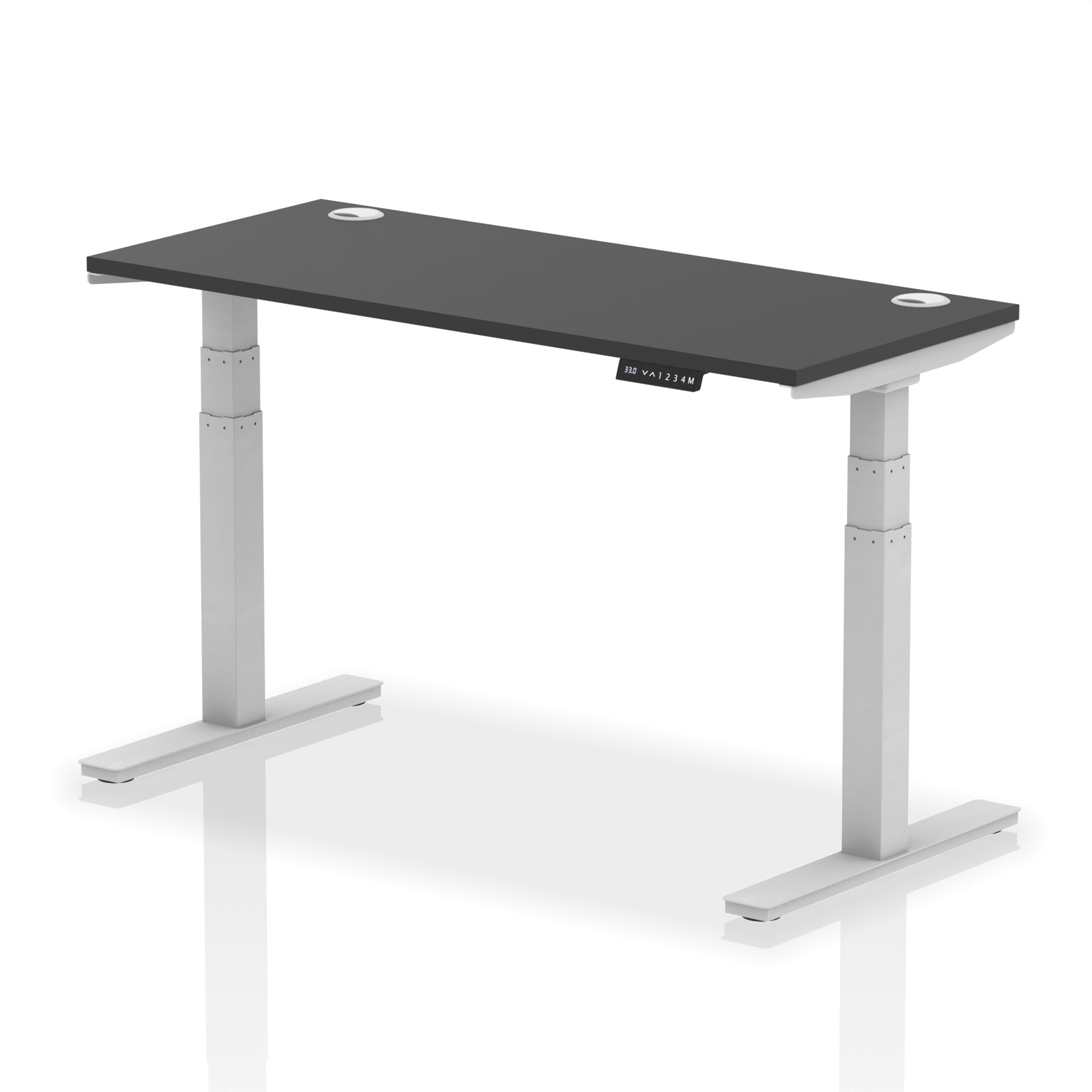 Adjustable height desk with black top and metal legs on a white background