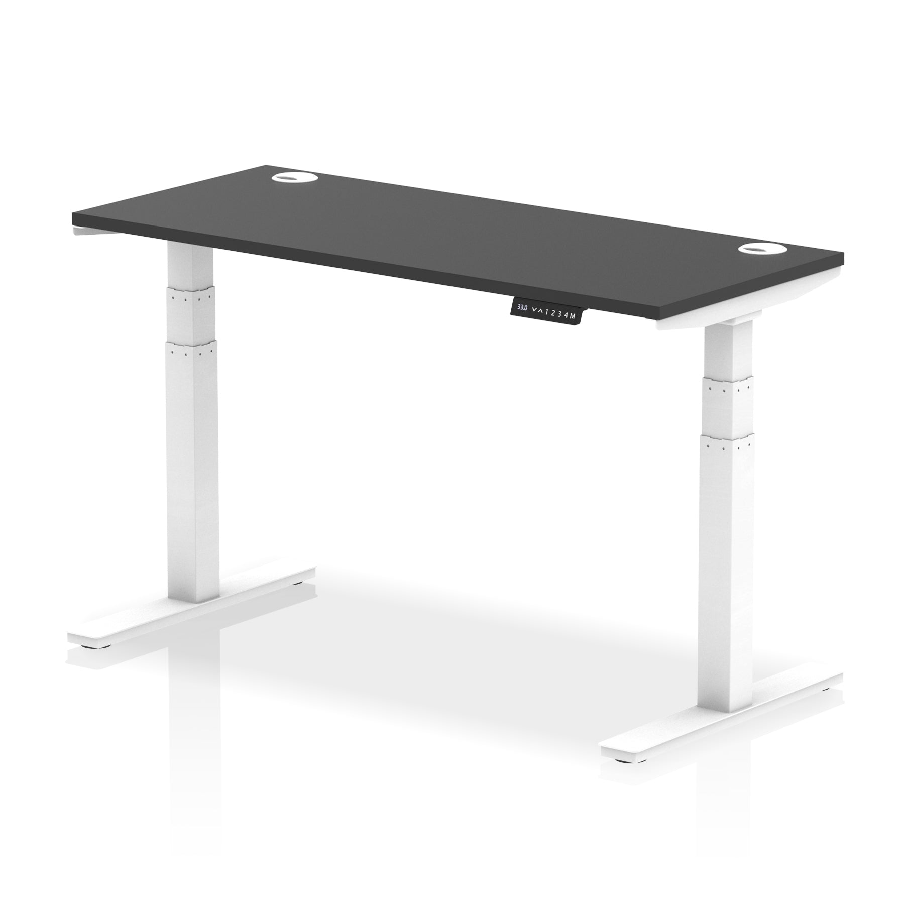 Adjustable height desk with black top and metal legs on a white background