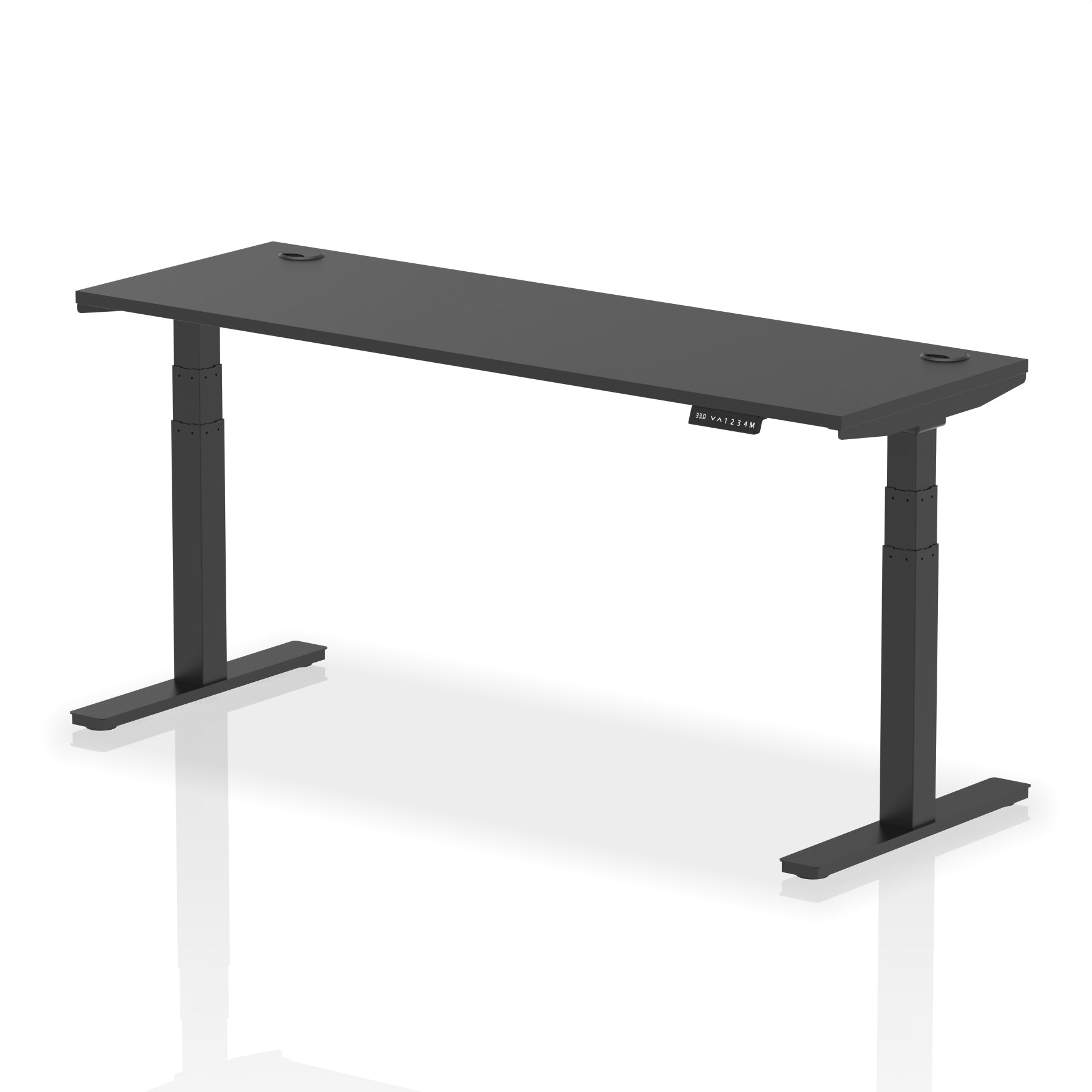 Adjustable height desk with black top and metal legs on a white background