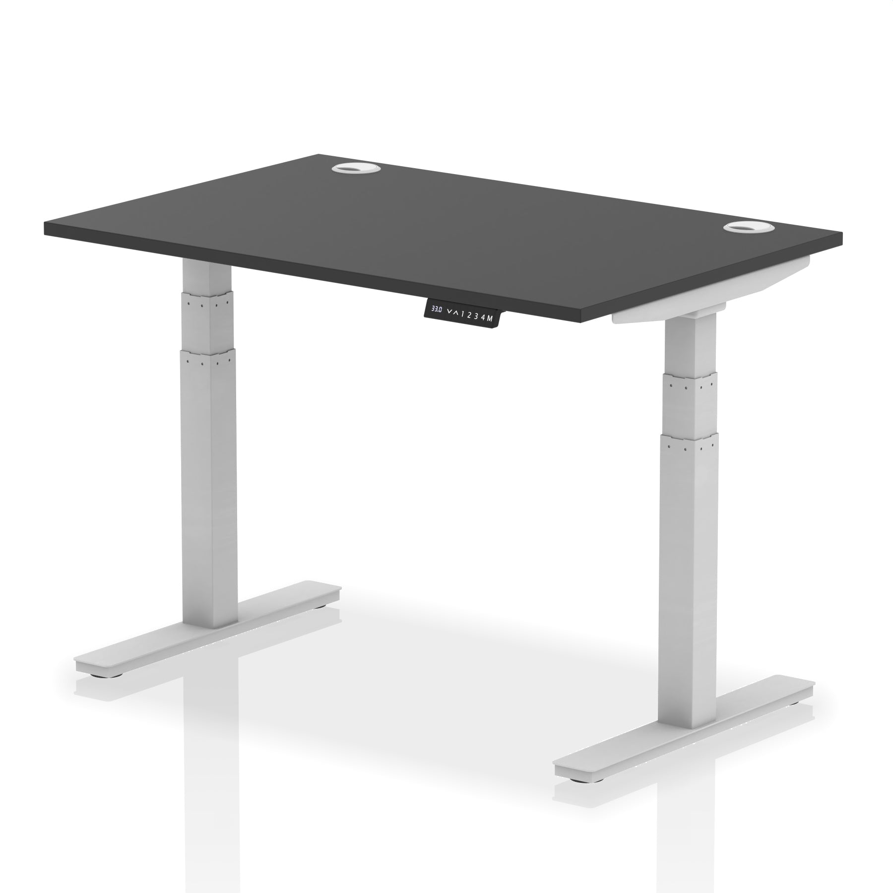 Adjustable height desk with black top and metal legs on a white background