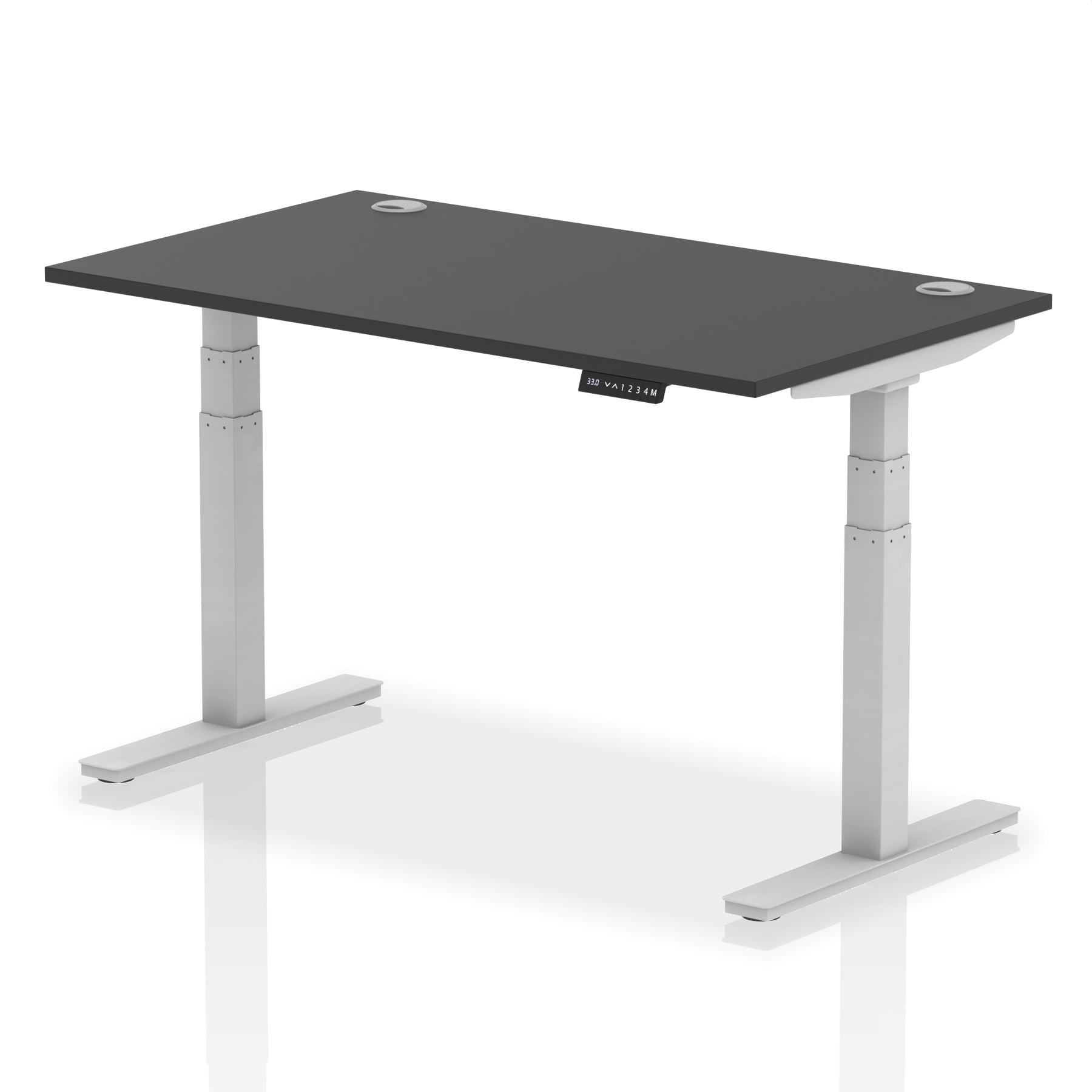 Adjustable height desk with black top and metal legs on a white background