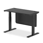 Height-adjustable desk with black top and metal legs on a white background