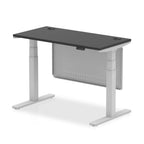 Height-adjustable desk with black top and metal legs on a white background