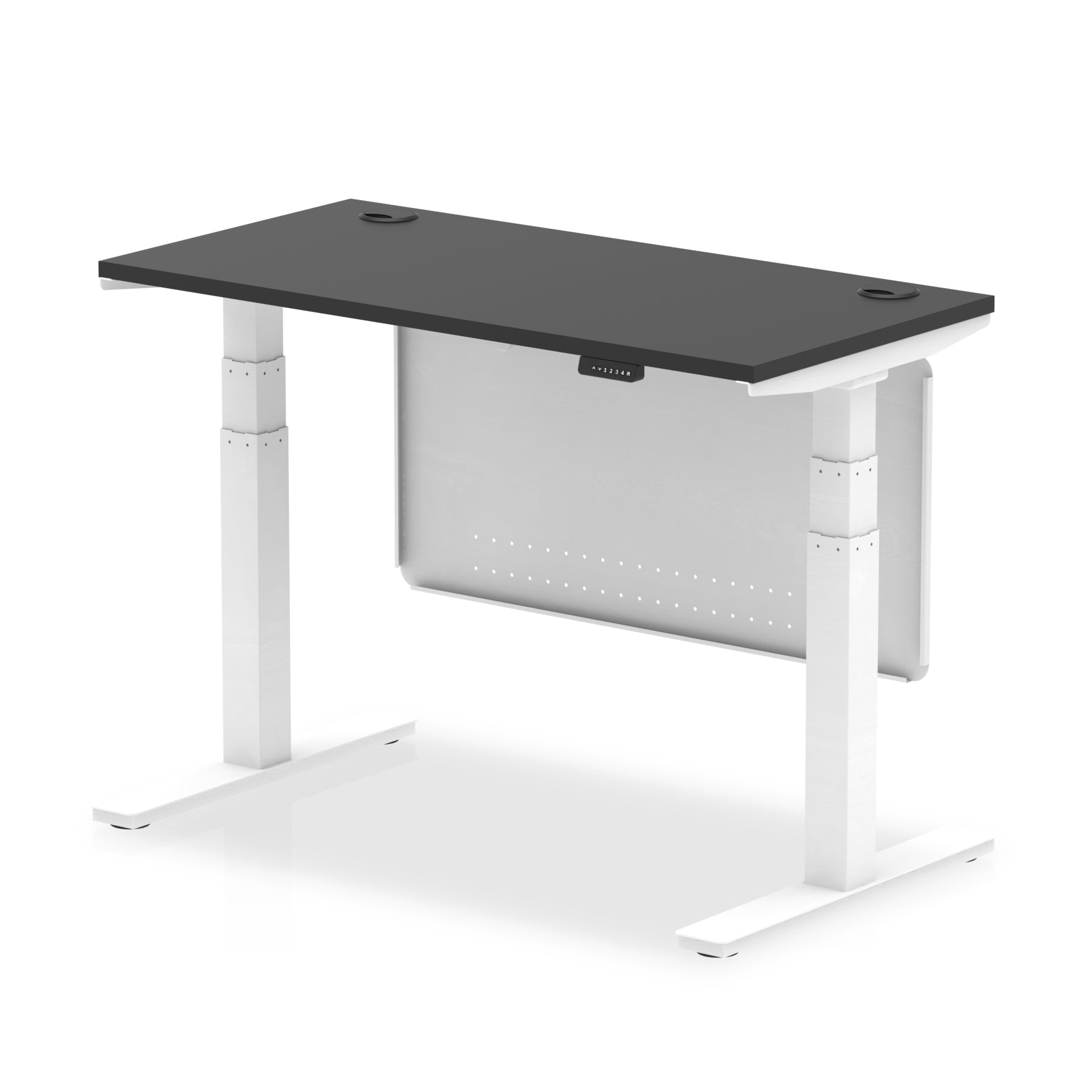 Height-adjustable desk with black top and metal legs on a white background