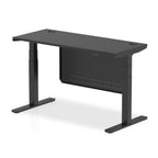 Height-adjustable desk with black top and metal legs on a white background