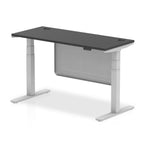 Height-adjustable desk with black top and metal legs on a white background