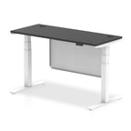 Height-adjustable desk with black top and metal legs on a white background