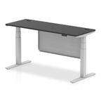 Height-adjustable desk with black top and metal legs on a white background