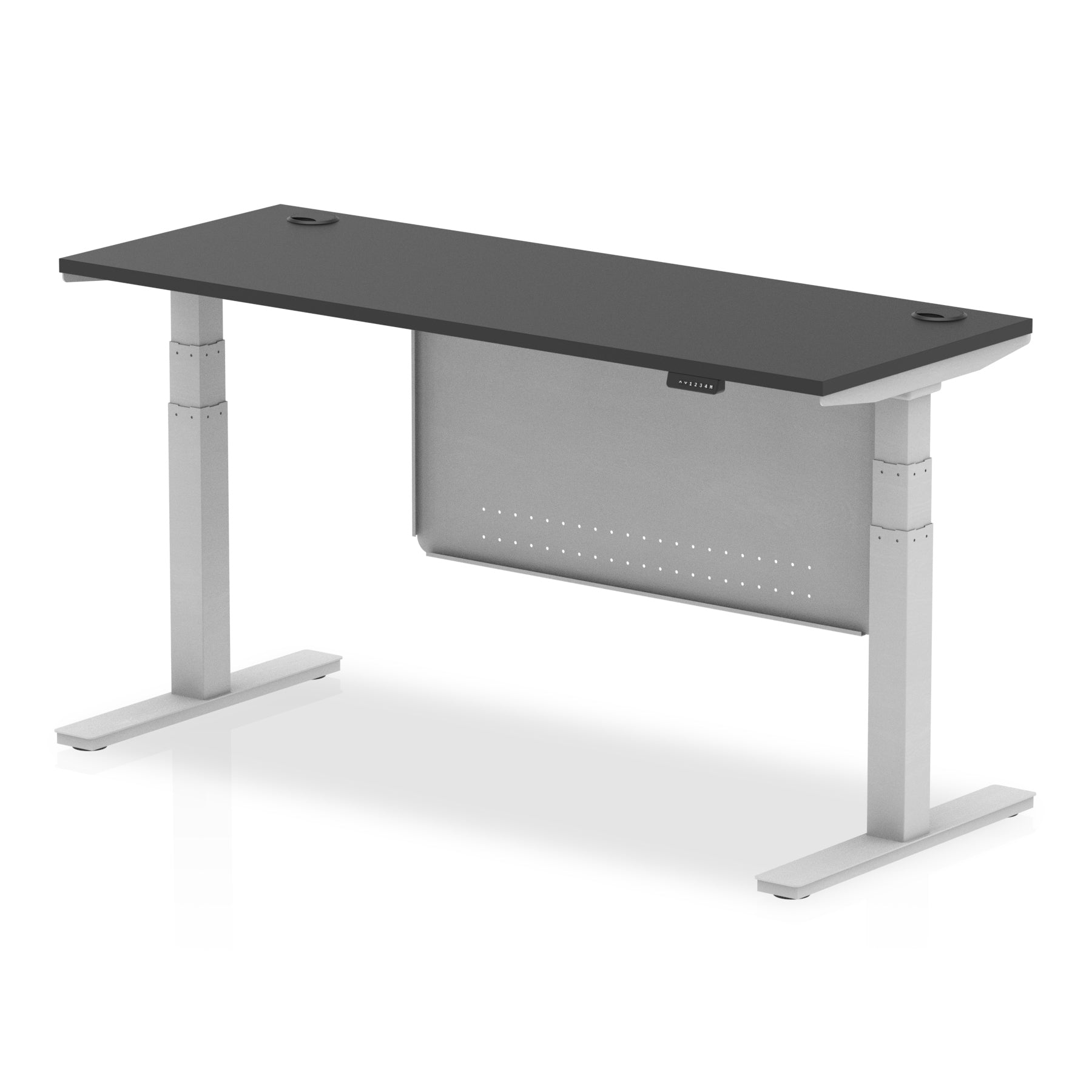 Height-adjustable desk with black top and metal legs on a white background