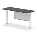 Height-adjustable desk with black top and metal legs on a white background