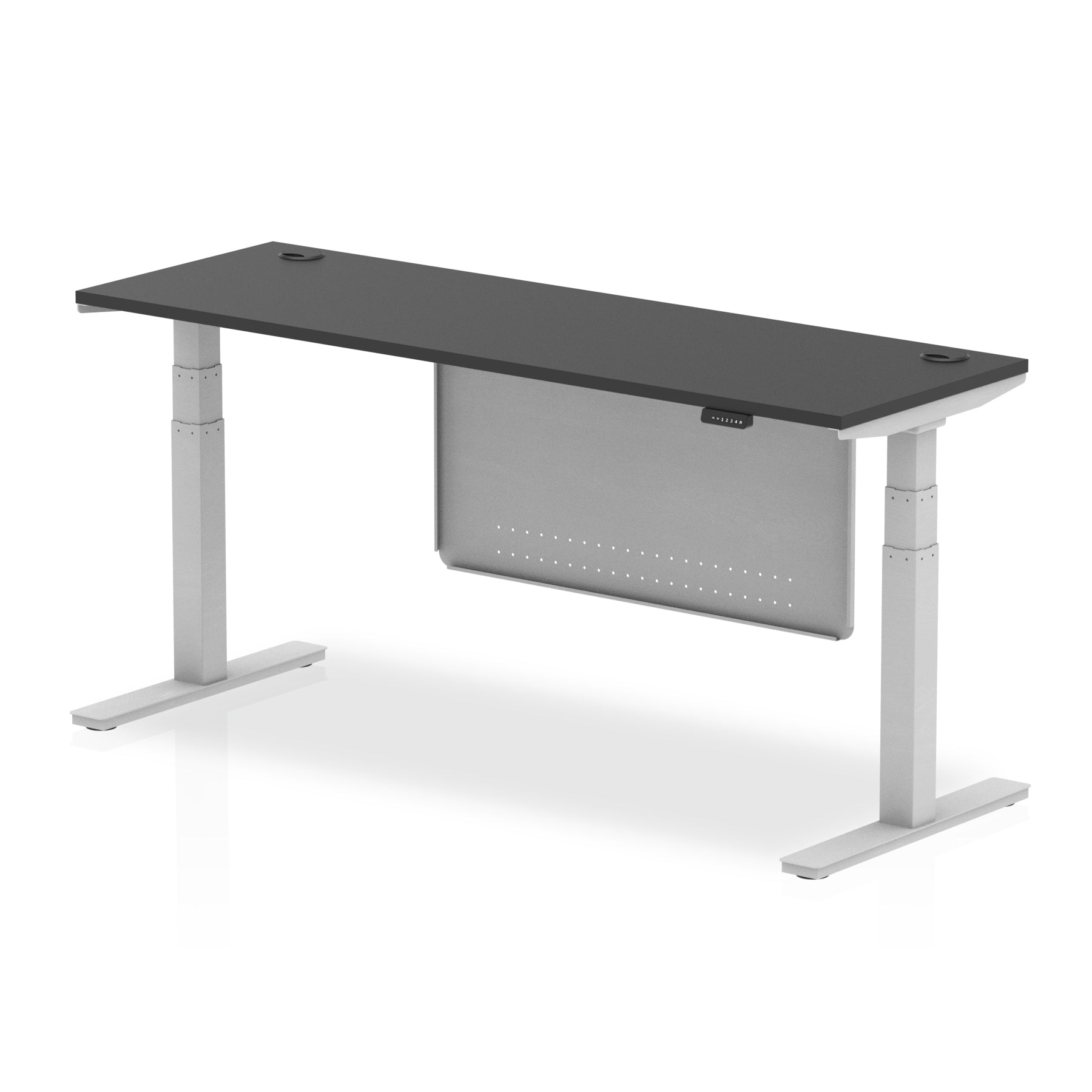 Height-adjustable desk with black top and metal legs on a white background