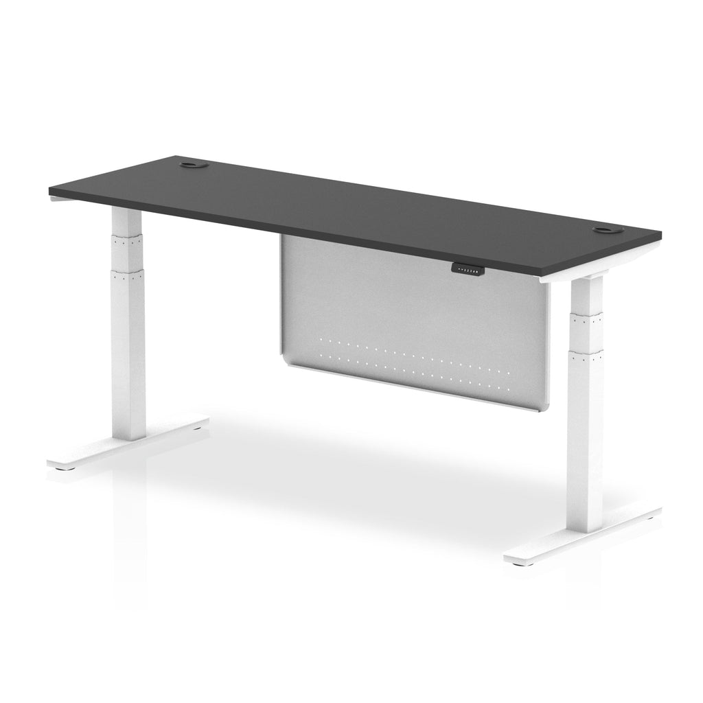 Height-adjustable desk with black top and metal legs on a white background