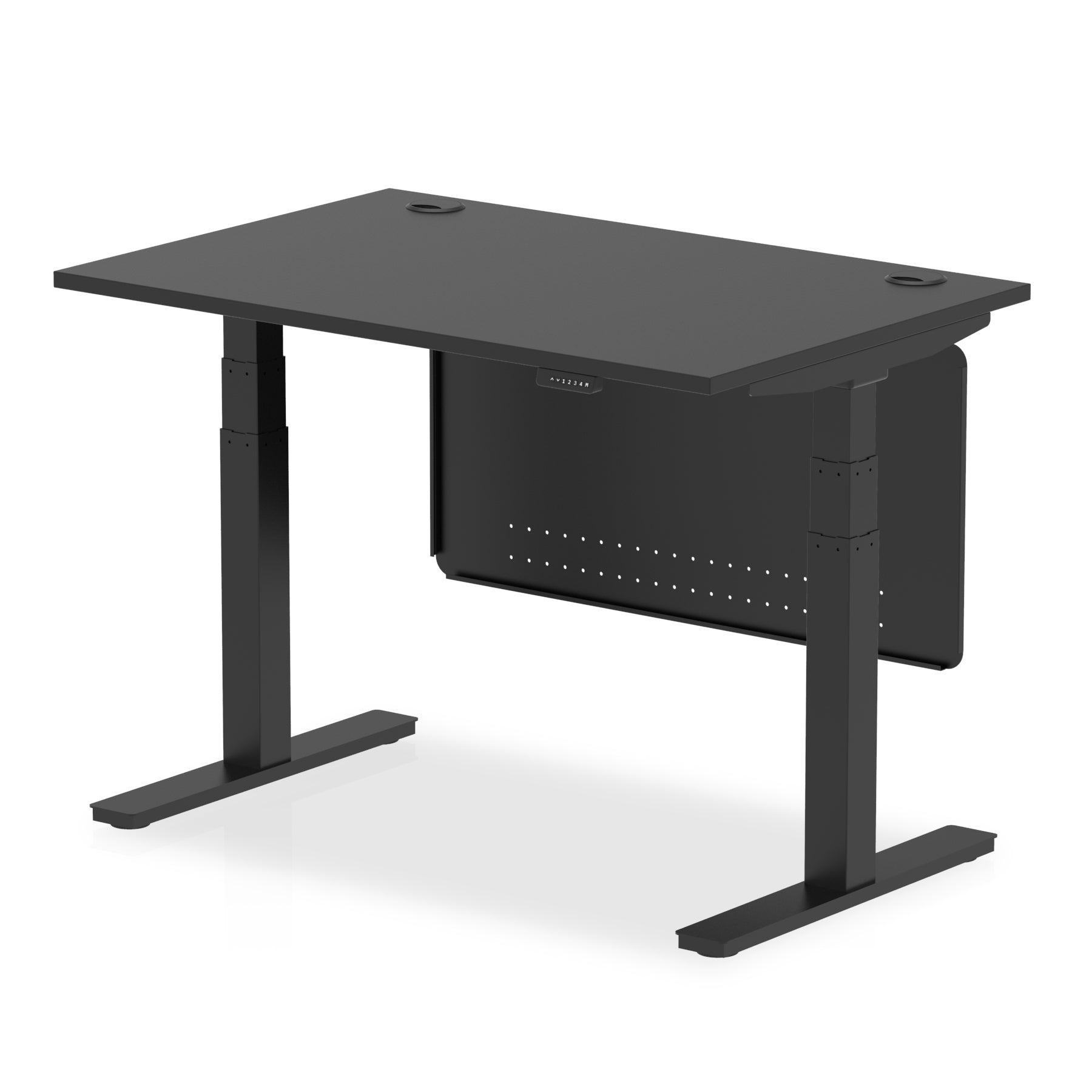 Adjustable height desk with black top and metal legs with modesty panel on a white background