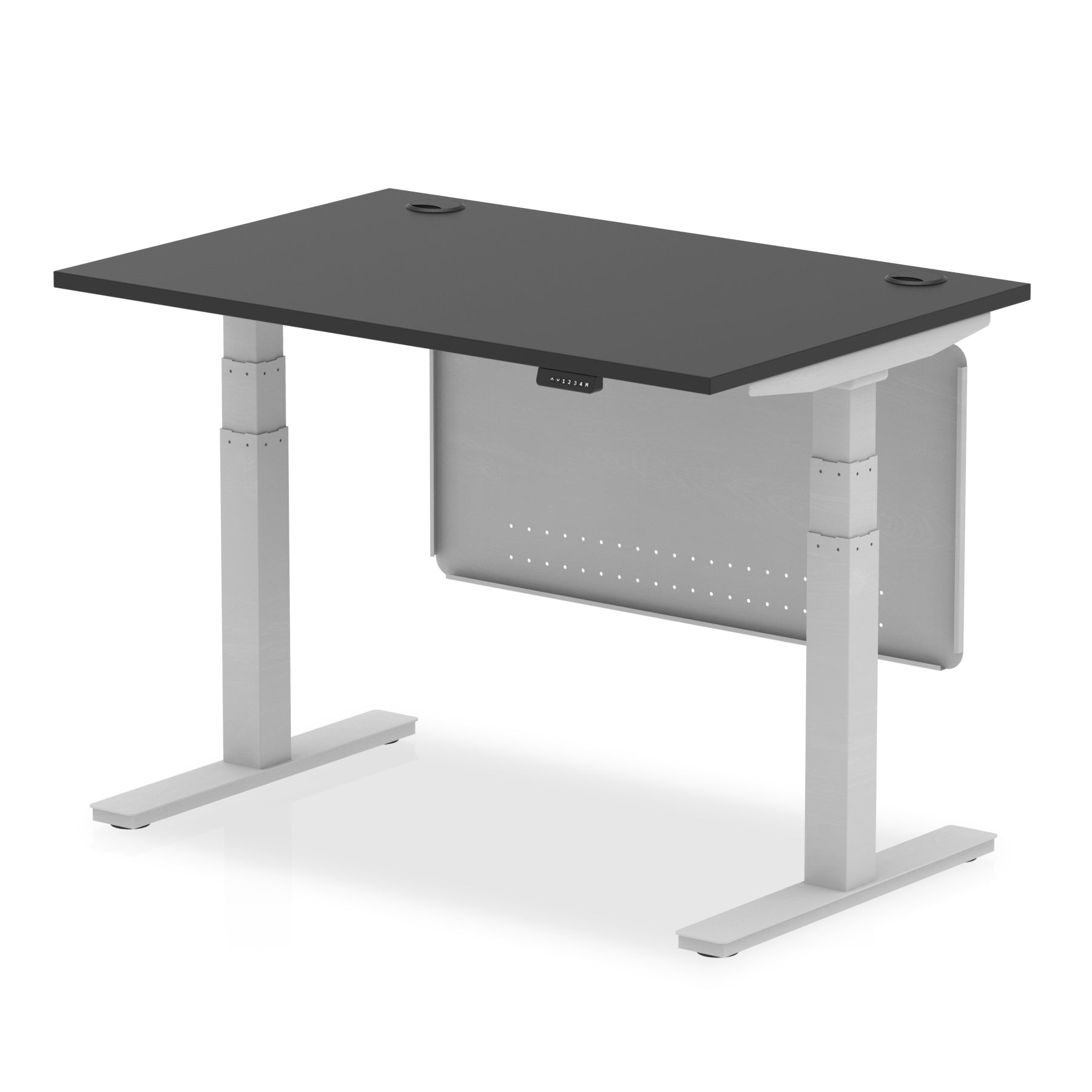 Adjustable height desk with black top and metal legs with modesty panel on a white background