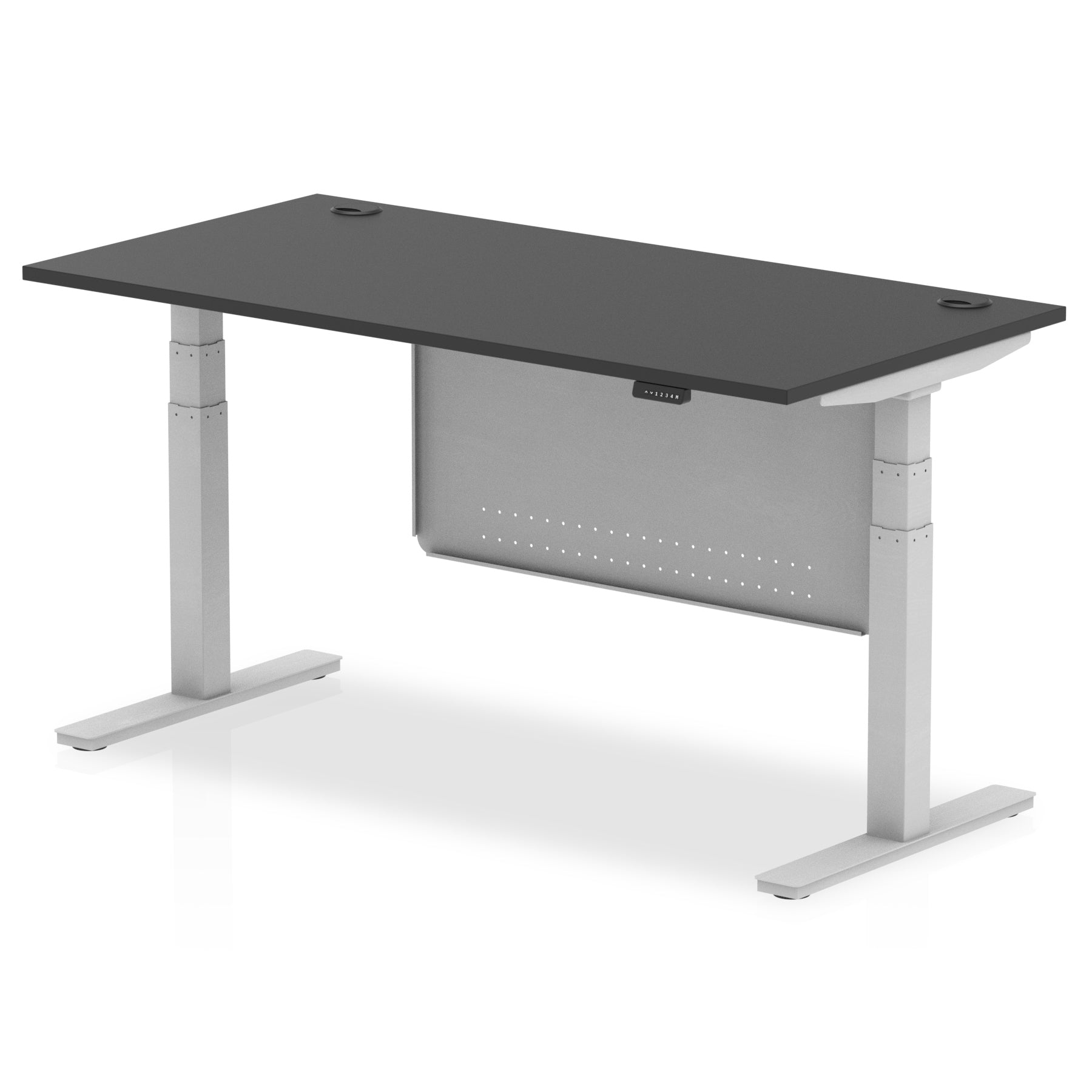 Adjustable height desk with black top and metal legs with modesty panel on a white background