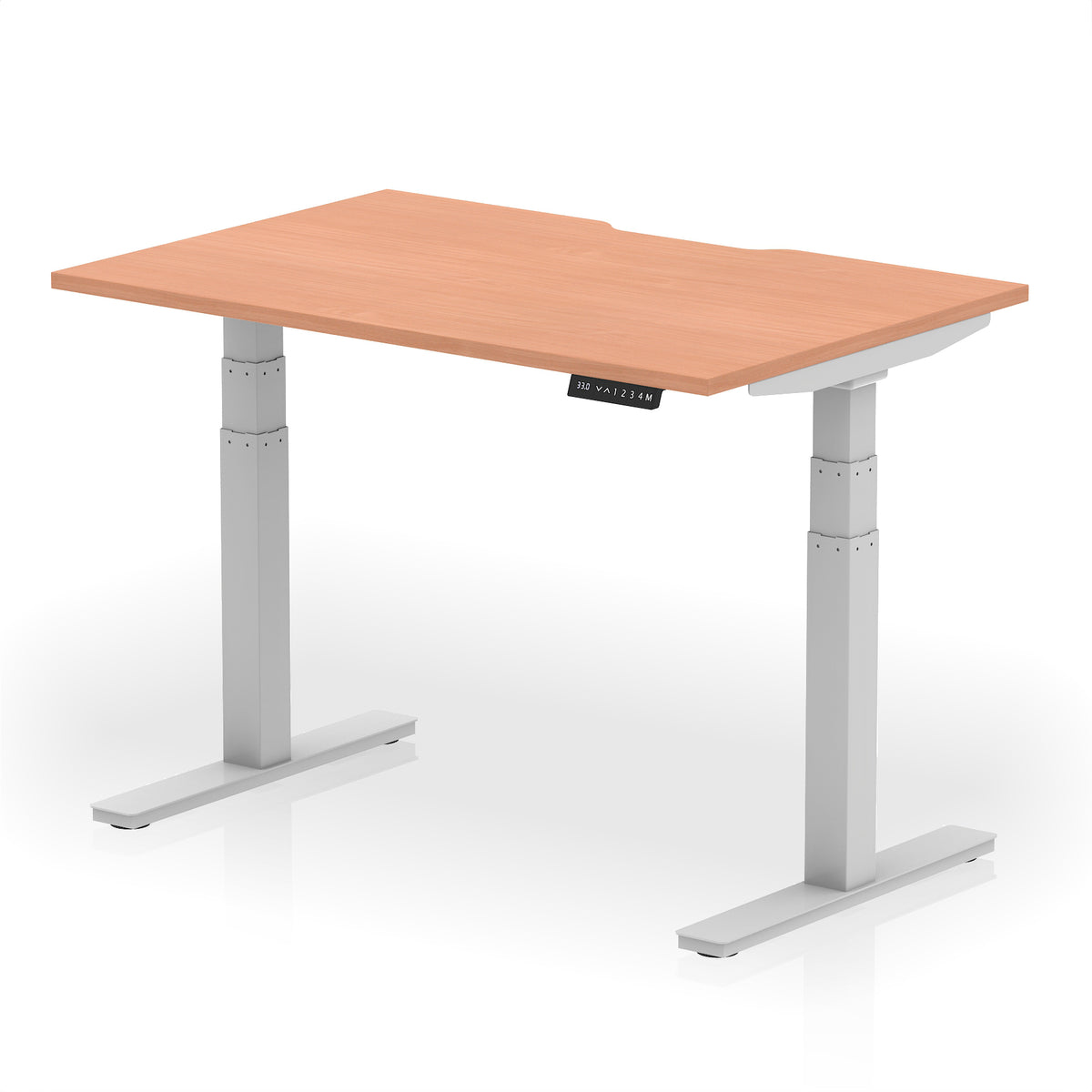 Height adjustable desk with wood-effect top and silver frame on a white background
