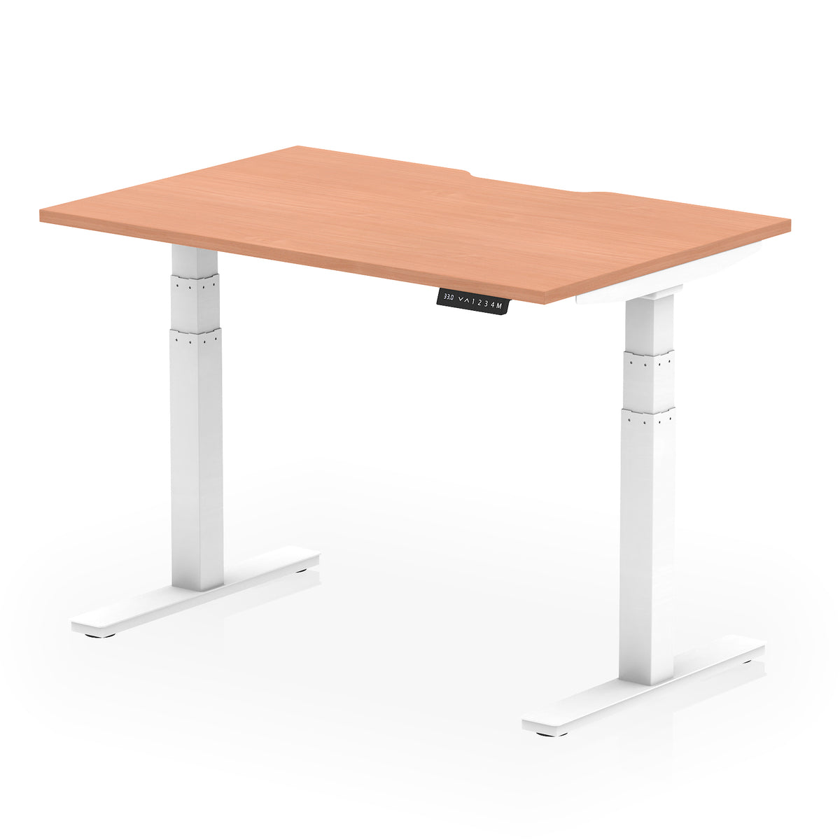 Height adjustable desk with wood-effect top and white frame on a white background