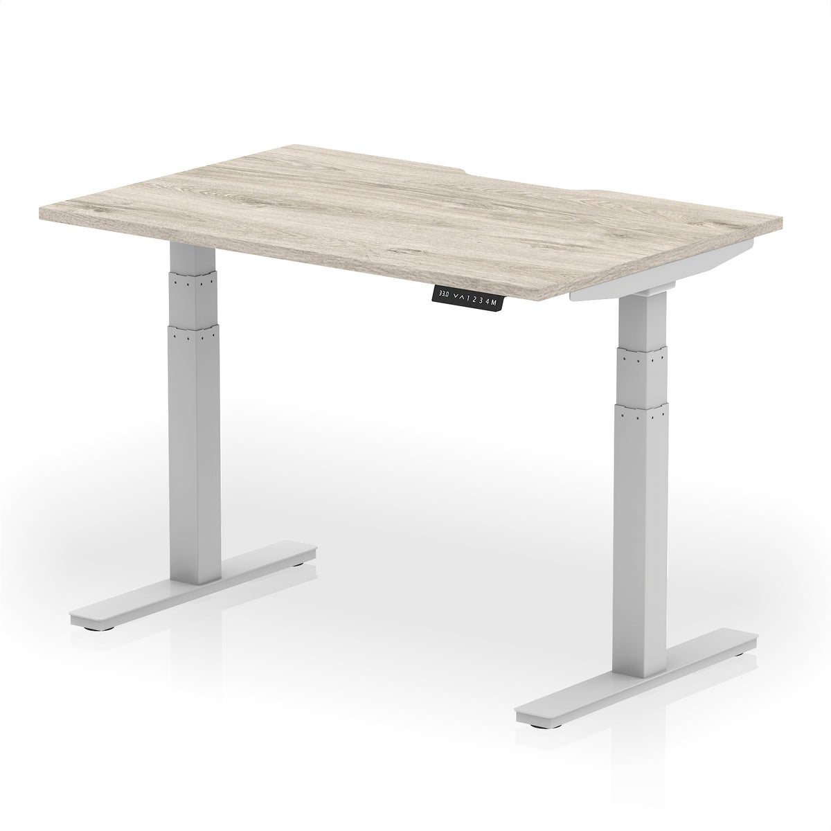 Height adjustable desk with wood-effect top and silver frame on a white background