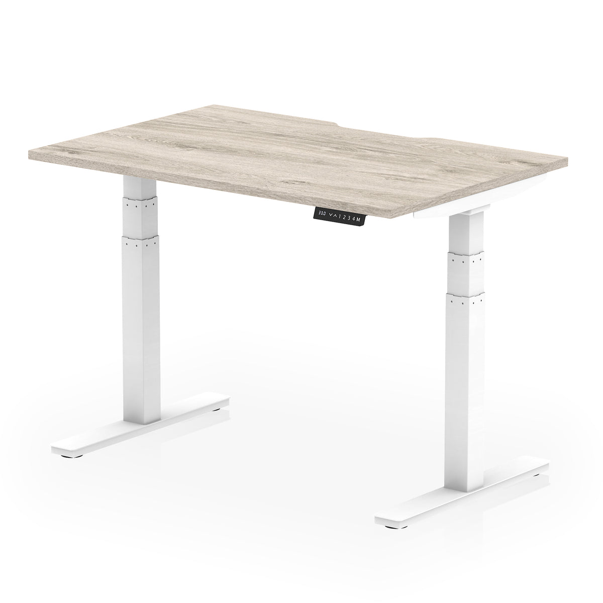 Height adjustable desk with wood-effect top and white frame on a white background