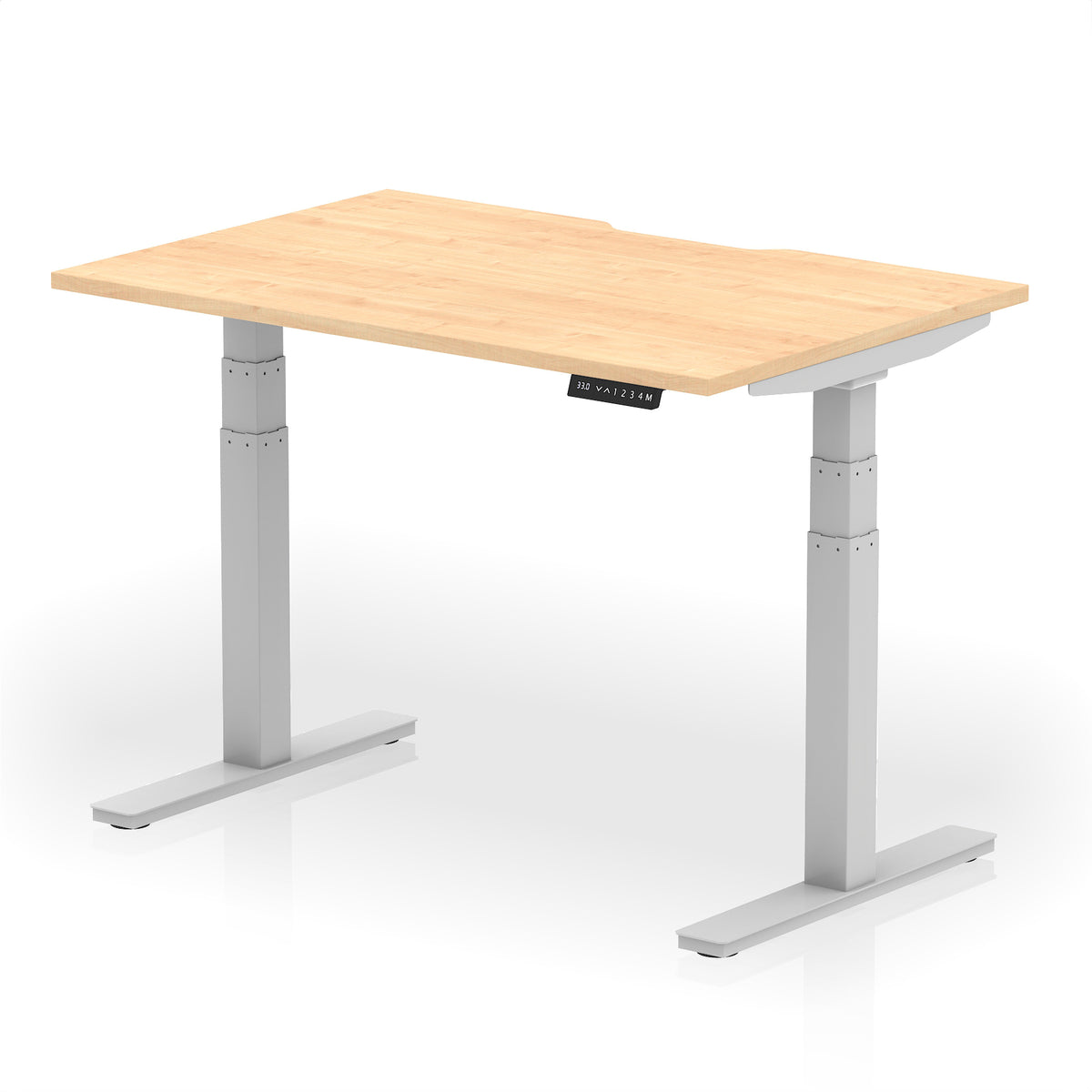 Height adjustable desk with wood-effect top and silver frame on a white background