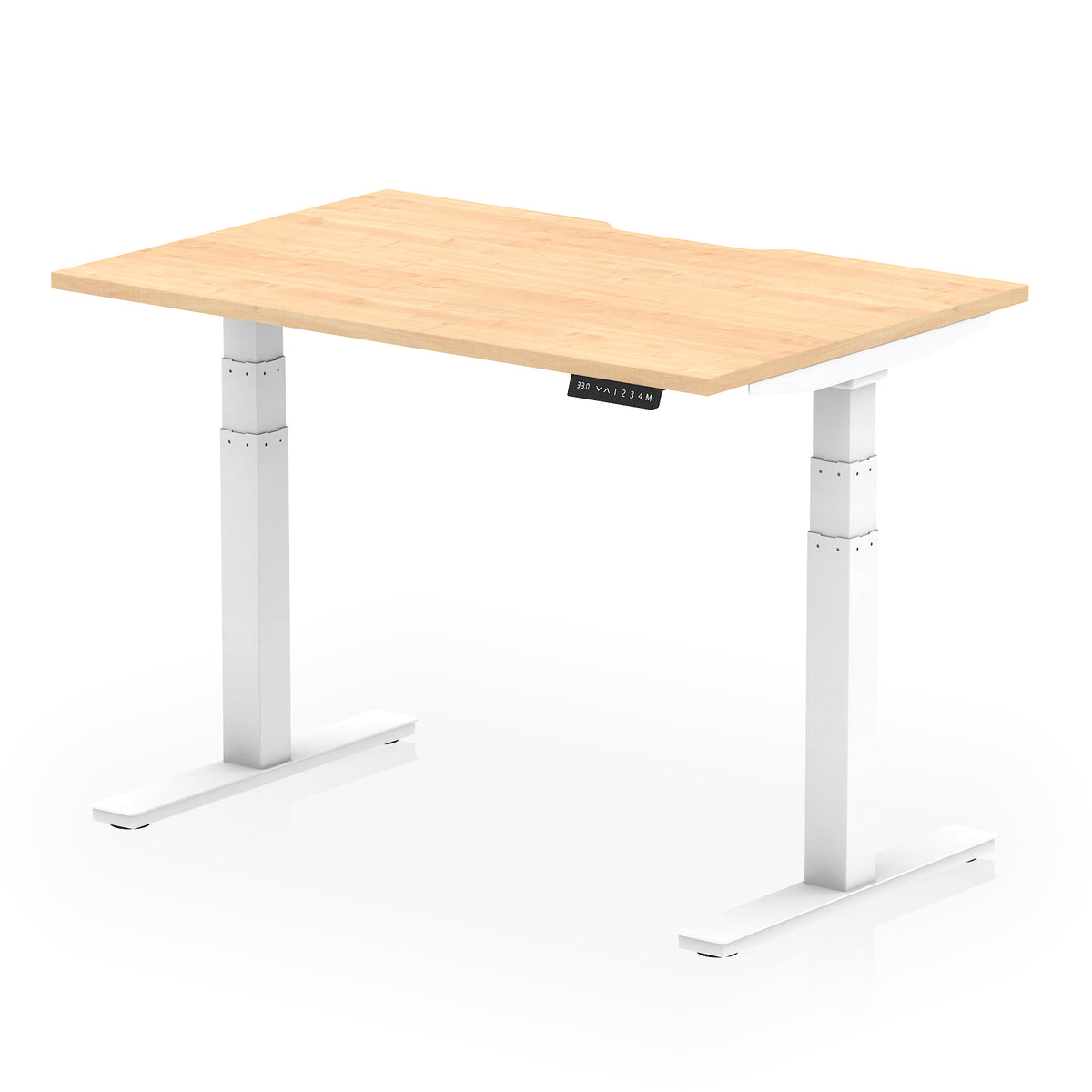 Height adjustable desk with wood-effect top and white frame on a white background