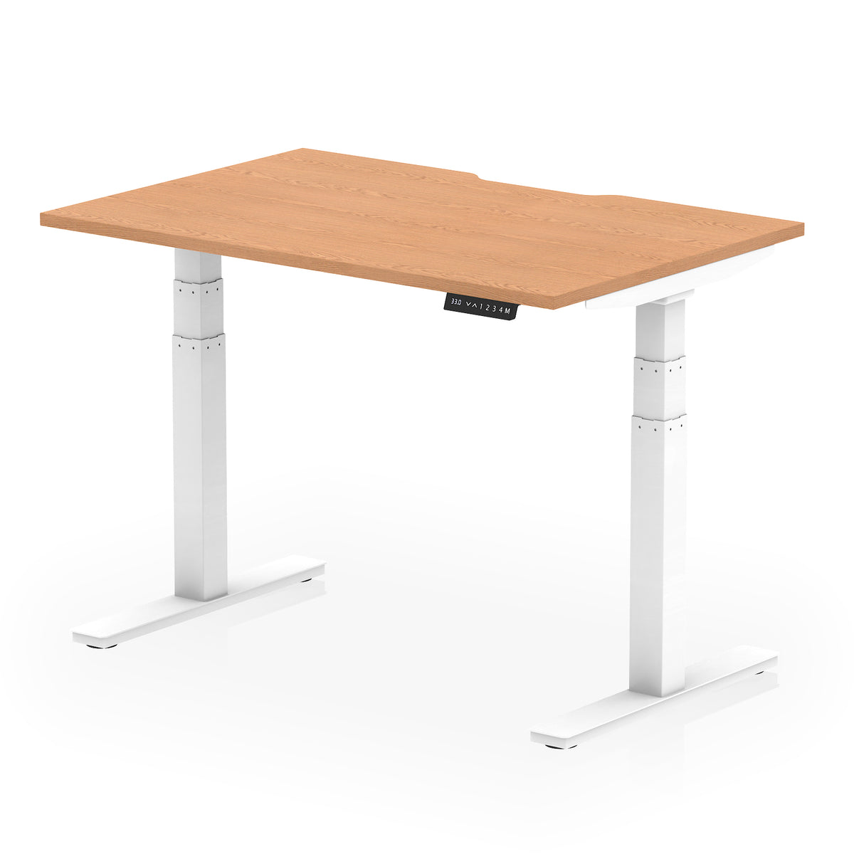 Height adjustable desk with wood-effect top and white frame on a white background