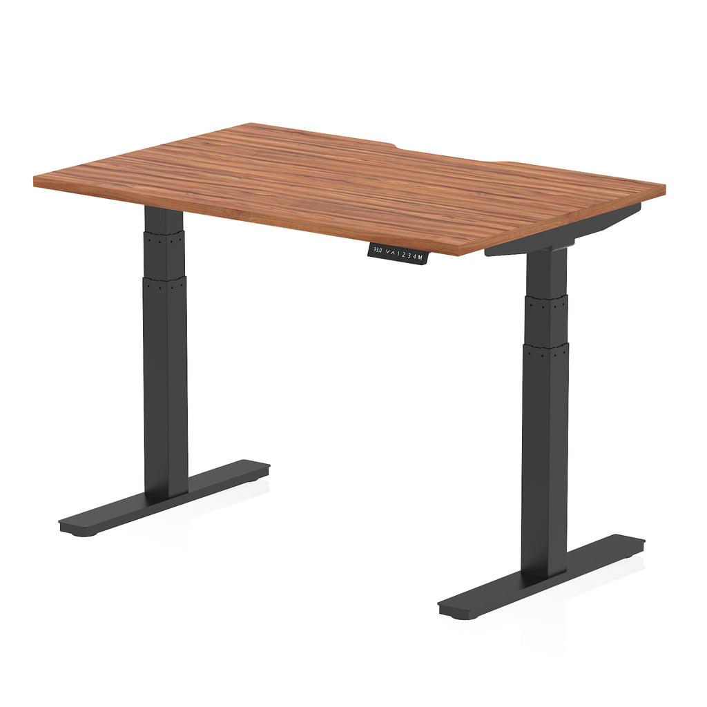 Height adjustable desk with wood-effect top and black frame on a white background