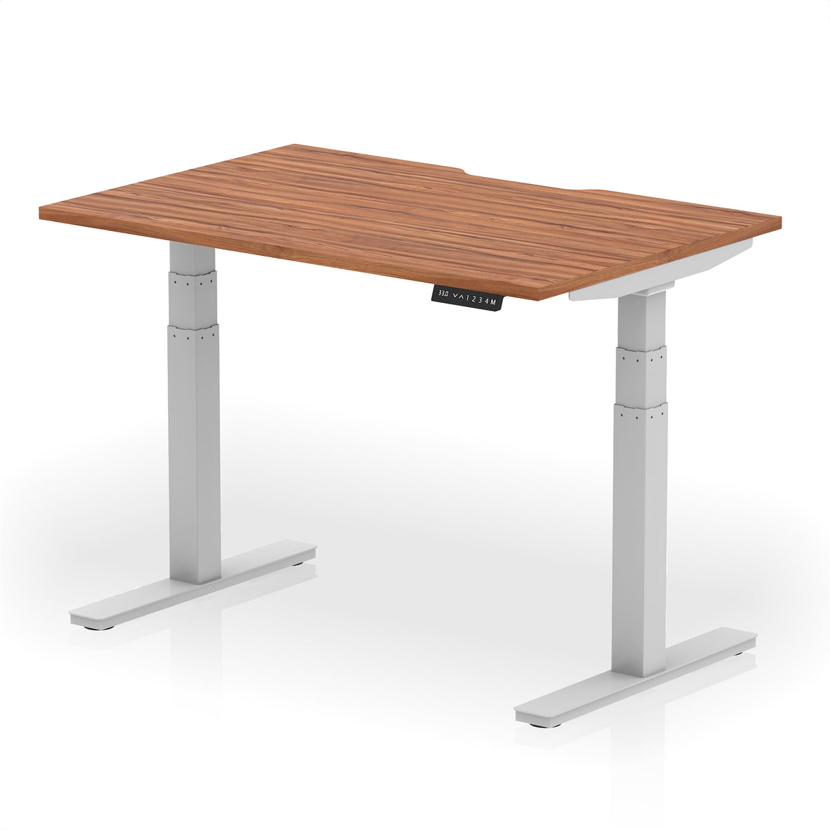Height adjustable desk with wood-effect top and silver frame on a white background