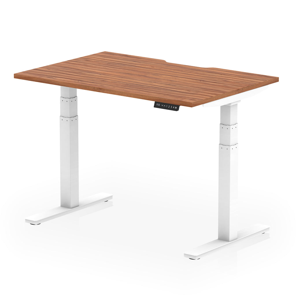 Height adjustable desk with wood-effect top and white frame on a white background