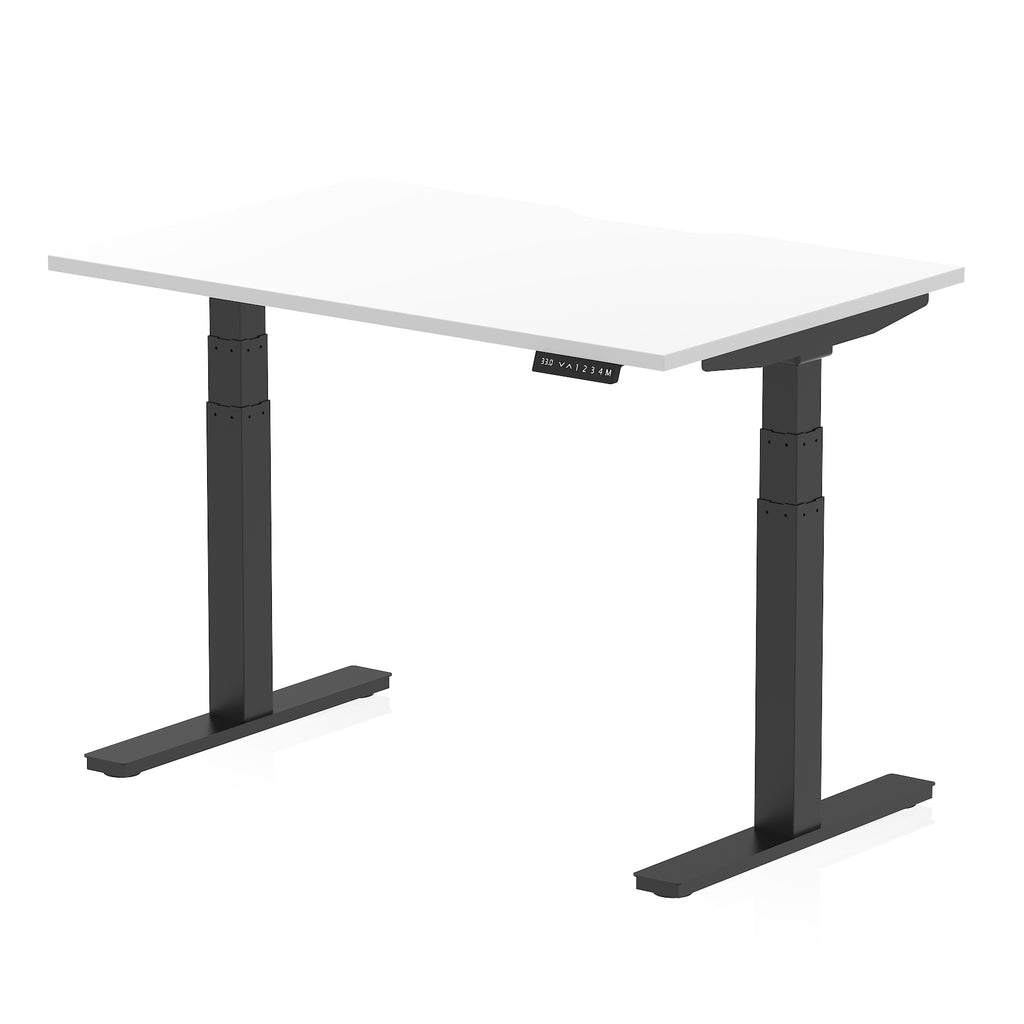 Height adjustable desk with white top and black frame on a white background