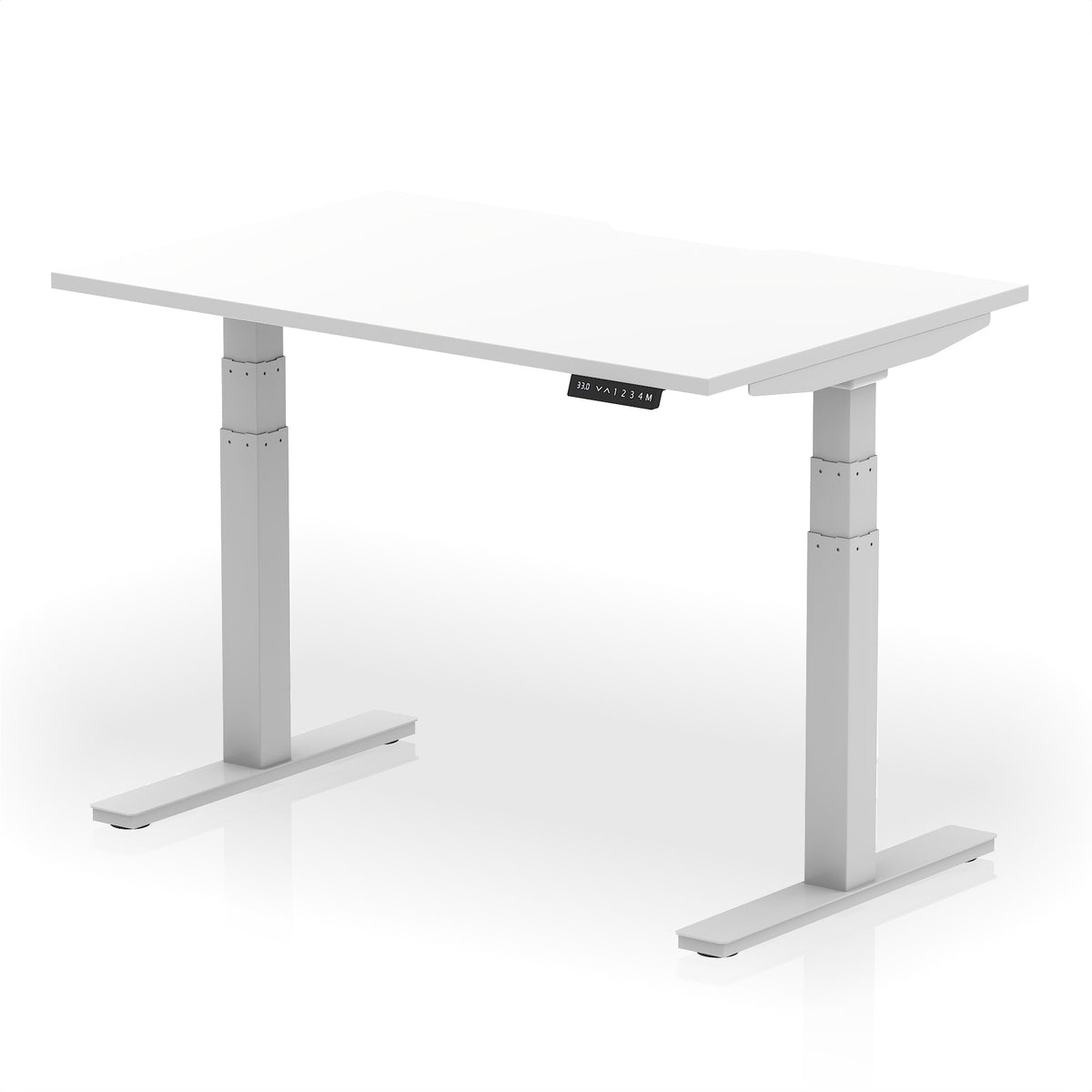 Height adjustable desk with white top and silver frame on a white background