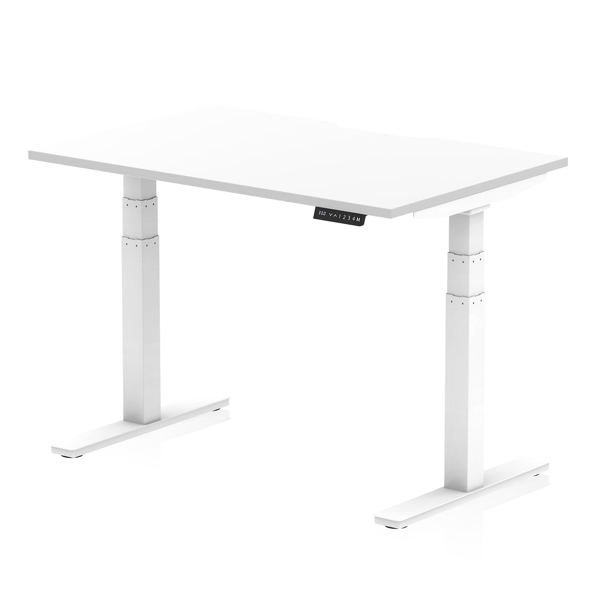 Height adjustable desk with white top and frame on a white background