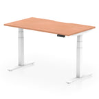 Height adjustable desk with wood-effect top and white frame on a white background