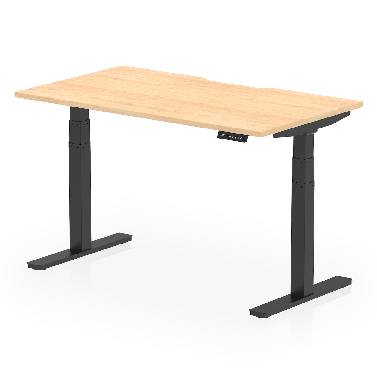 Height adjustable desk with wood-effect top and black frame on a white background