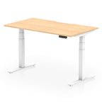 Height adjustable desk with wood-effect top and white frame on a white background