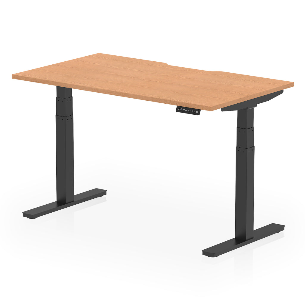Height adjustable desk with wood-effect top and black frame on a white background