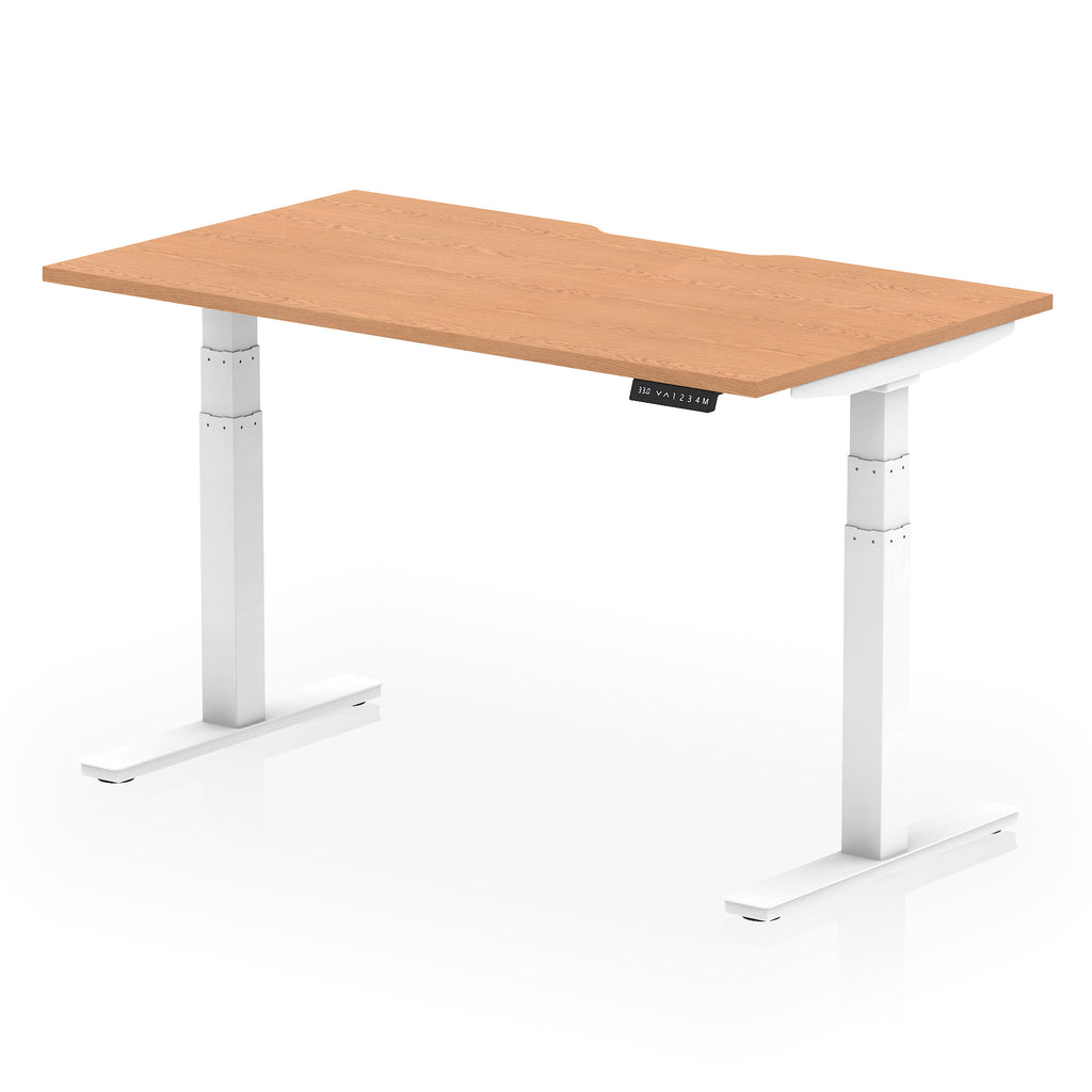 Height adjustable desk with wood-effect top and white frame on a white background