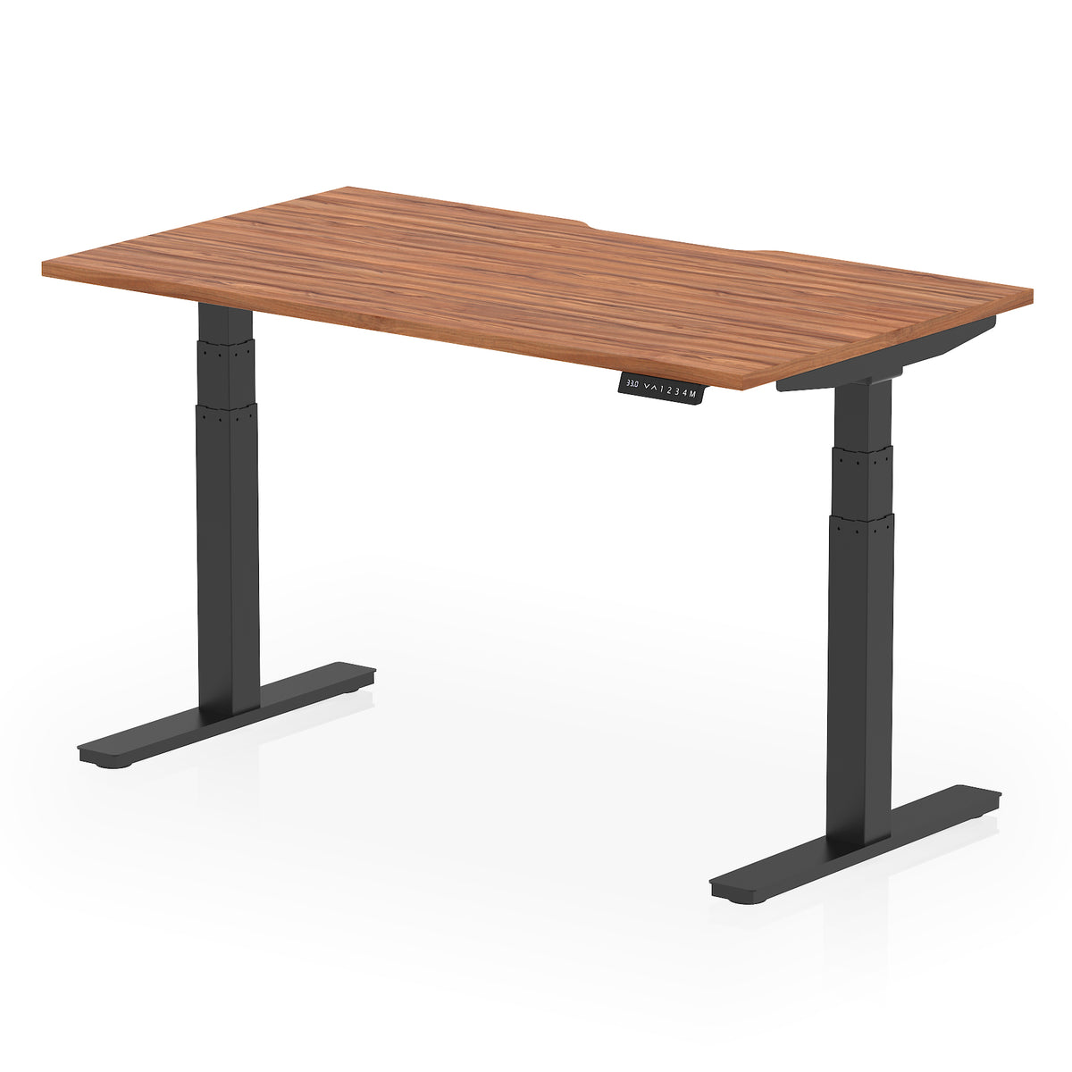 Height adjustable desk with wood-effect top and black frame on a white background