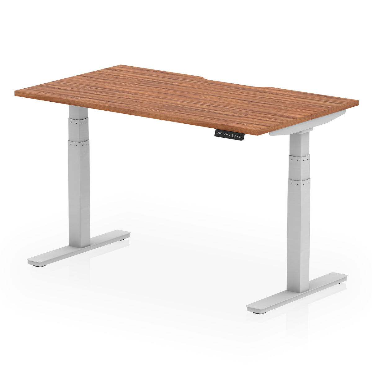 Height adjustable desk with wood-effect top and silver frame on a white background