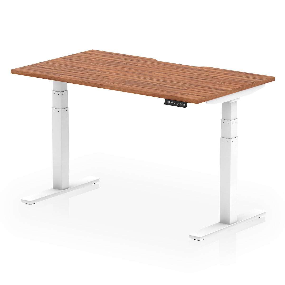 Height adjustable desk with wood-effect top and white frame on a white background
